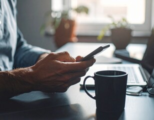 Close-up of a man's hands using a smartphone for business or social networking at a modern office desk with a laptop