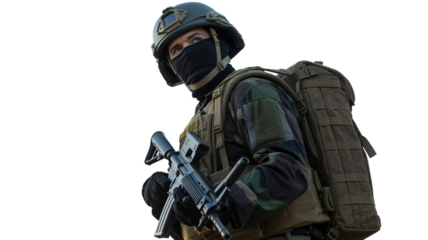 Soldier in camouflage uniform holding rifle looks onward with determination