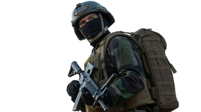 Soldier in camouflage uniform holding rifle looks onward with determination