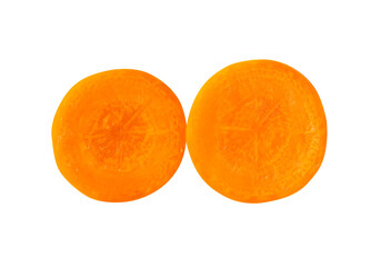Top view of orange carrot slices in stack isolated with clipping path in png file format