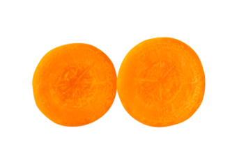 Top view of orange carrot slices in stack isolated with clipping path in png file format