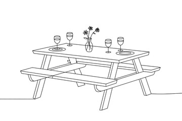 Picnic table line art setup for outdoor dining with wine glasses