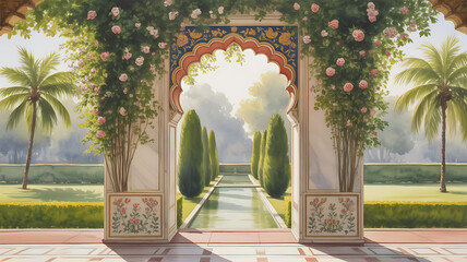 Ornate Mughal-style floral frame with watercolor texture

