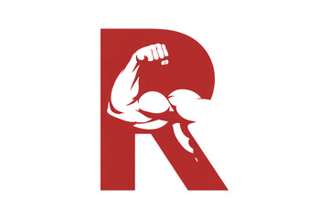 Strong letter R featuring muscular arm flexing for fitness brand logo