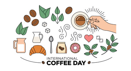 Hand holding coffee cup above international coffee day celebration collage with beans croissant jam and donut illustration vector