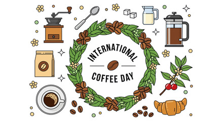 Celebration of international coffee day festive wreath delicious coffee beans grinder french press cup mug pastry artwork elements vector