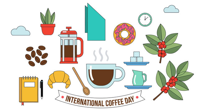 Whimsical international coffee day celebration montage featuring french press donuts steaming coffee cup and festive decor elements artistic composition vector