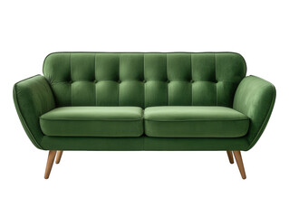 Stylish green velvet loveseat isolated on transparent background featuring buttontufted detailing, curved arms, and tapered wooden legs, perfect for adding a touch of elegance
