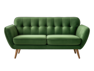 Stylish green velvet loveseat isolated on transparent background featuring buttontufted detailing, curved arms, and tapered wooden legs, perfect for adding a touch of elegance