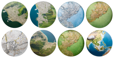 Diverse Aerial Views of Geographic Landscapes and Cityscapes, isolated on transparent background