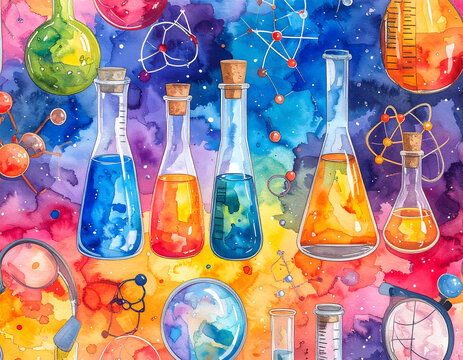 Vibrant Watercolor Science and Chemistry Equipment Seamless Pattern