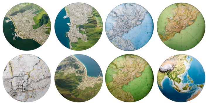 Diverse Aerial Views of Geographic Landscapes and Cityscapes, isolated on transparent background