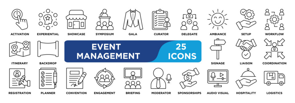 event management icon collection set. Containing activation, experiential, showcase, symposium, gala, curator icon. simple line vector.	