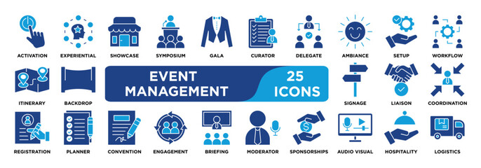 event management icon collection set. Containing activation, experiential, showcase, symposium, gala, curator icon. solid vector.	