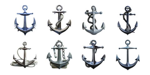 Rustic metal anchors in different styles isolated on transparent background