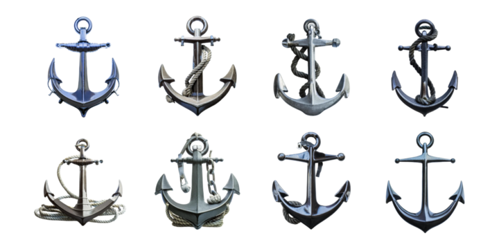 Rustic metal anchors in different styles isolated on transparent background