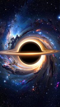 A supermassive black hole with a glowing accretion disk in a vibrant cosmic nebula.