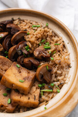 Overhead view vegan claypot rice with pan fried tofu, mushrooms and scallions, top view of crispy rice in a donabe on a marble countertop