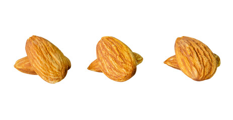 Top view set of almond nuts in stacks isolated with clipping path in png file format