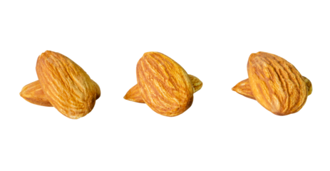 Top view set of almond nuts in stacks isolated with clipping path in png file format
