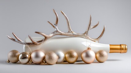 A white wine bottle with gold antlers and gold Christmas ornaments, placed on a white background with a gray backdrop.
