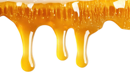 Golden honey dripping from honeycomb isolated on transparent background, highlighting its natural sweetness and organic origin, ideal for illustrating healthy eating