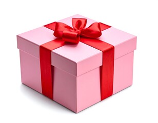 Obraz premium Pink square gift box tied with a red ribbon and bow, isolated on a white background
