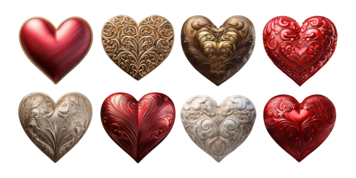 Elegant Decorative Heart Designs in Various Textures and Colors, isolated on transparent background