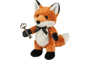 Adorable fox plushie with bow tie holding an antique key of imagination