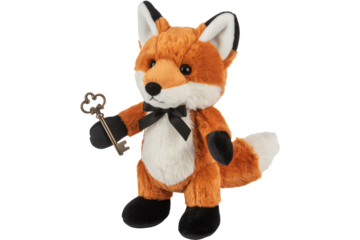 Adorable fox plushie with bow tie holding an antique key of imagination
