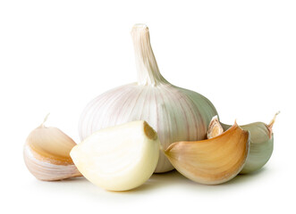 Garlic bulb with cloves in heap isolated on white background with clipping path