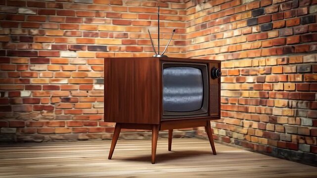 Retro wooden TV with rabbit ears and static screen, set against a rustic brick wall and wooden floor