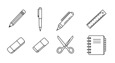 A minimalist set of black and white line icons featuring essential school and office supplies like pencils, pens, and scissors for educational concepts