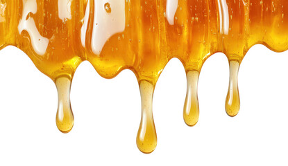 Closeup of pure honey dripping isolated on transparent background, showcasing its rich golden color and smooth texture, perfect for illustrating natural sweetness