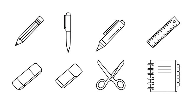 A minimalist set of black and white line icons featuring essential school and office supplies like pencils, pens, and scissors for educational concepts