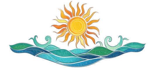 A vibrant watercolor illustration of a sun rising over stylized ocean waves isolated on transparent background, evoking a sense of warmth, tranquility, and coastal beauty