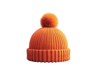 A cozy orange knit beanie with a fluffy pompom isolated on transparent background, perfect for keeping warm in style during chilly weather and outdoor adventures