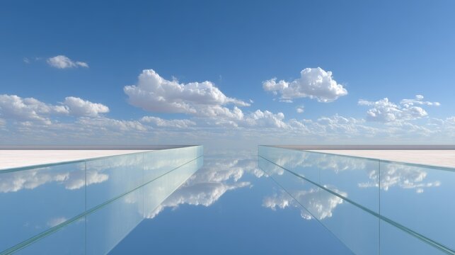 A glass bridge with a clear reflection of clouds and a blue sky in the foreground, with a white horizon and a distant horizon. - Powered by Adobe