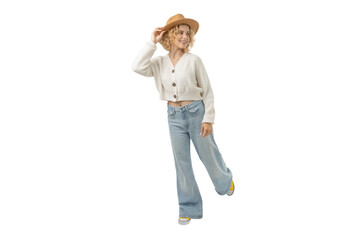 Cheerful woman in stylish winter attire poses, isolated, PNG