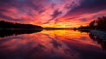 Obraz premium A stunning sunset over a calm lake with vibrant red and orange clouds reflecting on the water's surface.