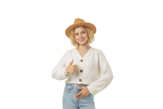Young woman happily showing thumbs up in winter attire, isolated, PNG