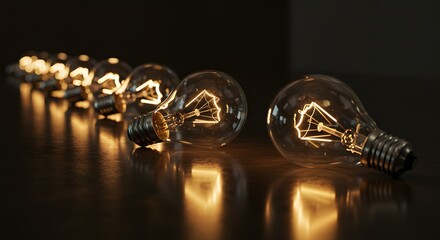 Row of lit incandescent light bulbs on reflective surface, warm tones, low perspective, dark background