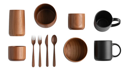 Rustic wooden bowls, cutlery, and matte black mugs for table setting