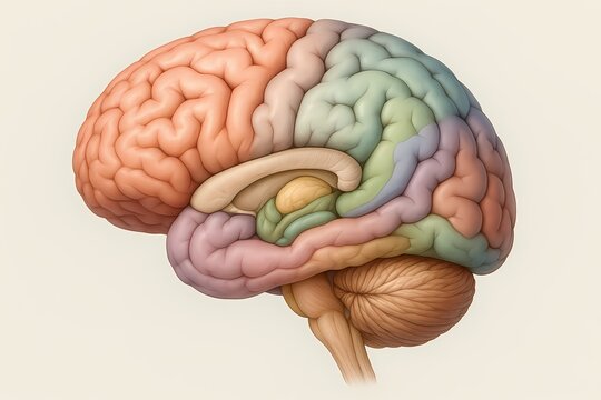 An illustration of the human brain&rsquo;s left hemisphere, showing major cortical and subcortical regions with color-coded differentiation including the hippocampus, thalamus, and cingulate gyrus.