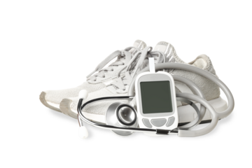 Gray sports shoes with a glucose meter and stethoscope, isolated, PNG