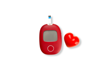 Red diabetes meter and heart icon on white background, isolated, PNG