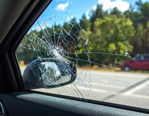 Close-up of a shattered car window, with visible cracks spreading across the glass, the side mirror and trees in the background
