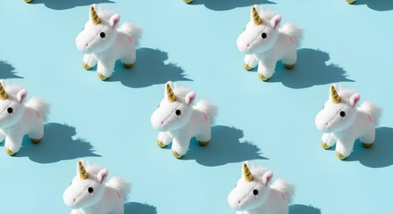 Realistic pattern featuring identical white plush unicorn toys, arranged evenly on a light blue background, the scene is captured from a 45-degree angle with soft natural lighting and shadows