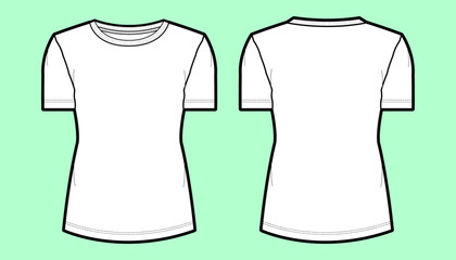 Women’s Short Sleeve Crew Neck T-Shirt Technical Drawing Front and Back Flat Sketch Vector