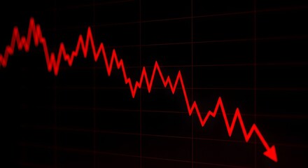 Red jagged line plunges downwards on a dark grid, representing decline
